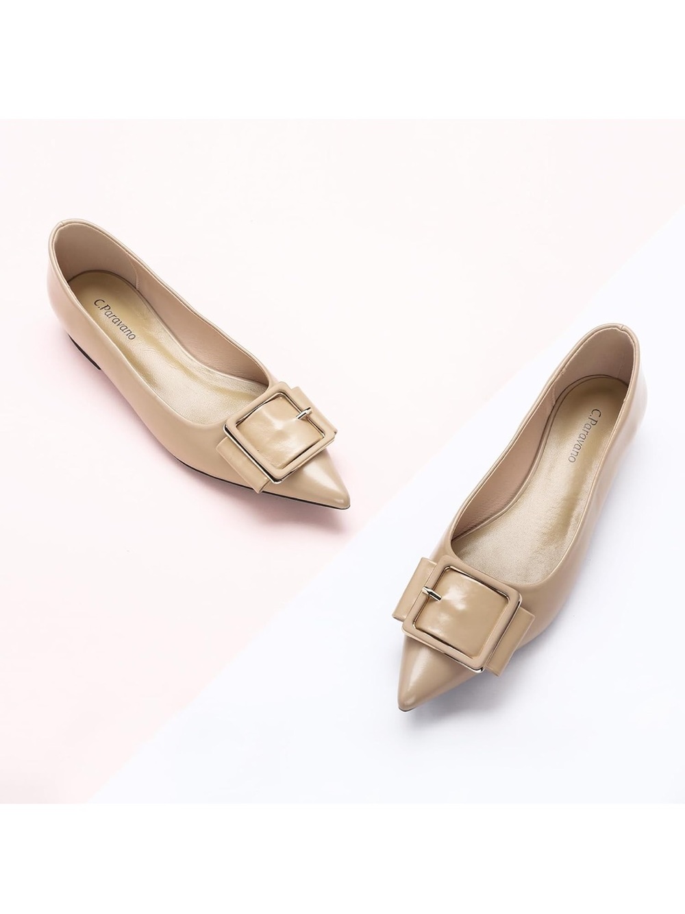 Pointed Buckle Flats in Nude Tan by C.Poranno